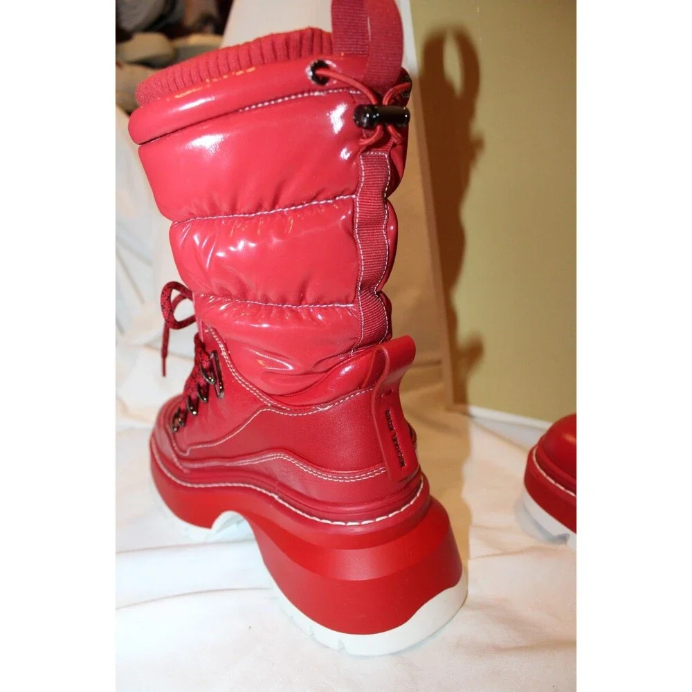 Michael Kors Women Shiloh Combat Boot Mixed Media Red Leather Size 6.5 NIB $295